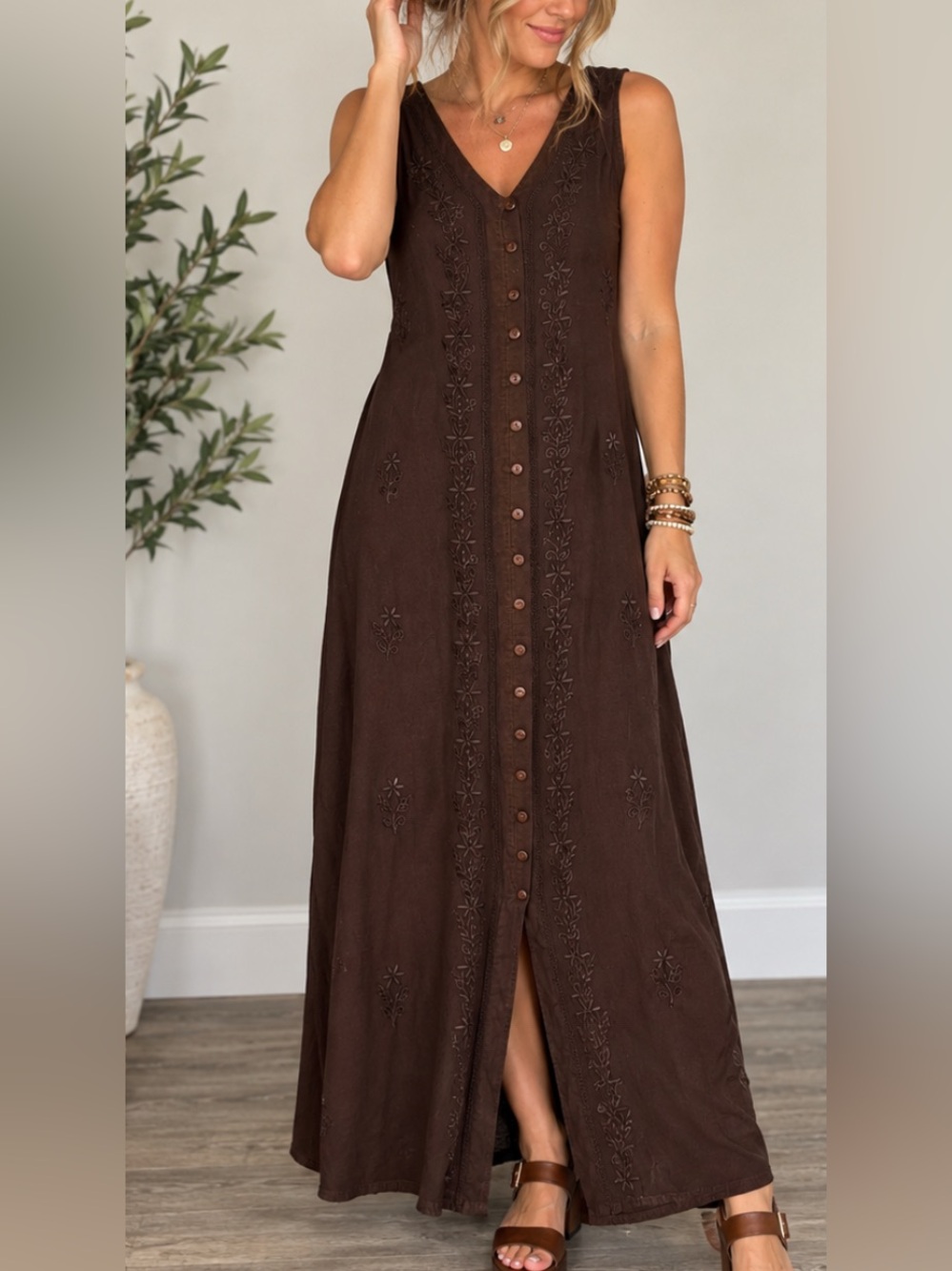 Boho Embroidered Maxi Dress Chocolate Brown Renaissance Maxi Size M/L Rayon